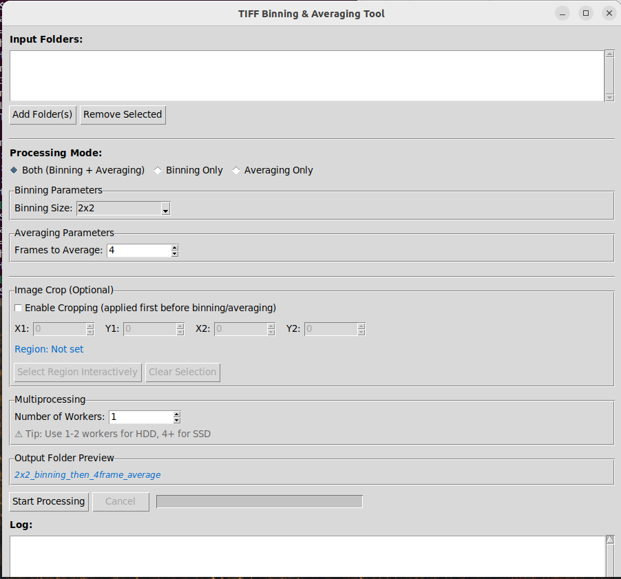 GUI of image cropping binning averaging